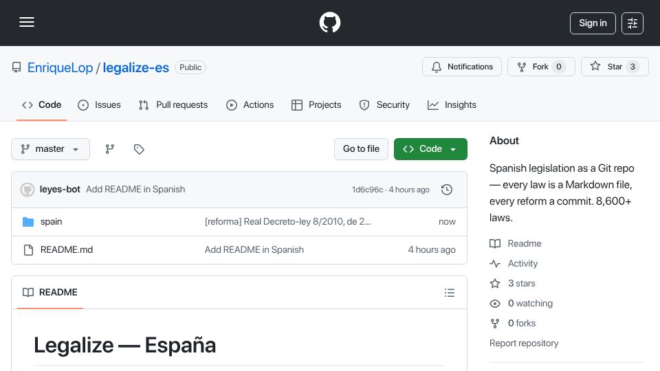 Screenshot of github.com: Spanish legislation as a Git repo