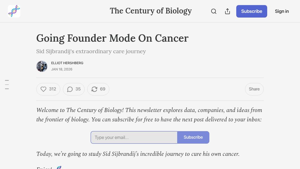 Screenshot of centuryofbio.com: Going Founder Mode on Cancer