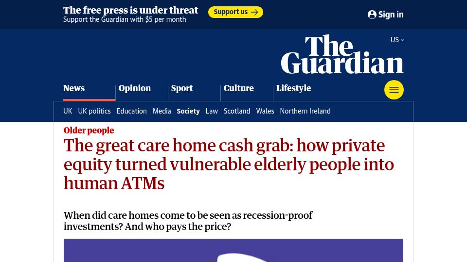 Screenshot of theguardian.com: Private equity turned vulnerable elderly people into human ATMs