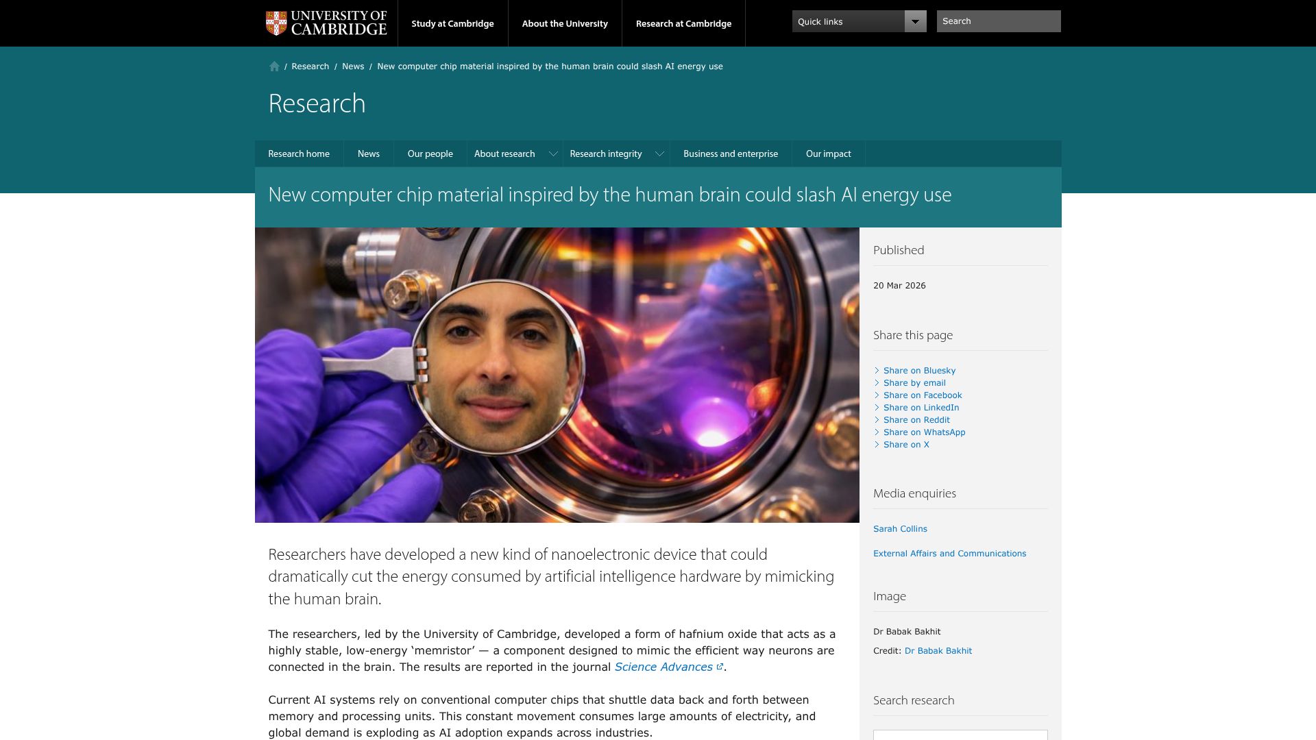 Screenshot of cam.ac.uk: Computer chip material inspired by the human brain could slash AI energy use