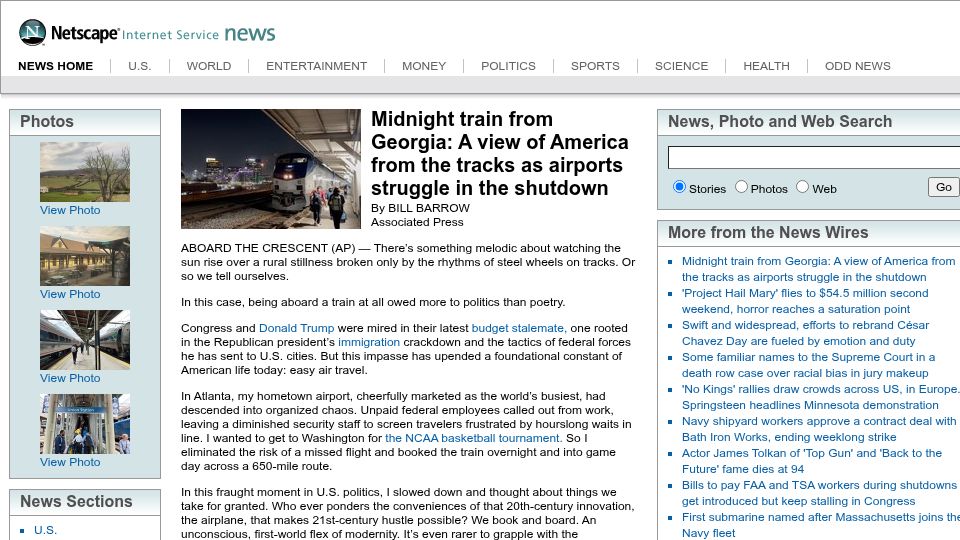 Screenshot of apnews.com: Midnight train from GA: A view of America from the tracks as airports struggle