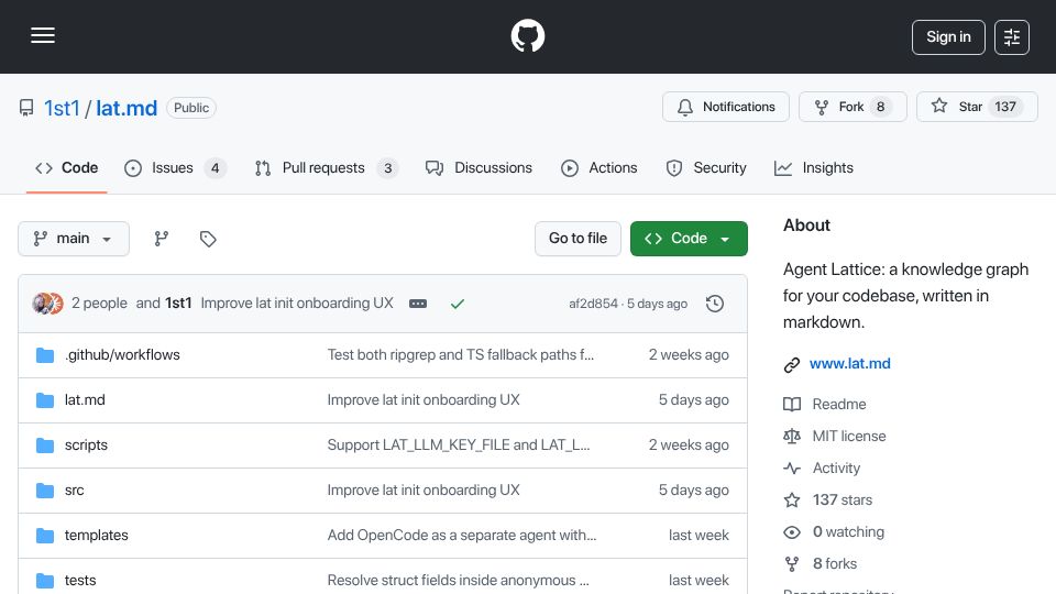 Screenshot of github.com: Lat.md: Agent Lattice: a knowledge graph for your codebase, written in Markdown