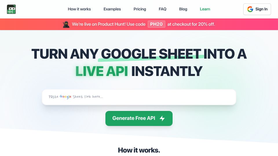 Screenshot of sheetninja.io: Show HN: Sheet Ninja – Google Sheets as a CRUD Back End for Vibe Coders