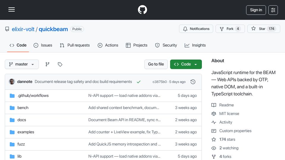 Screenshot of github.com: Show HN: QuickBEAM – run JavaScript as supervised Erlang/OTP processes