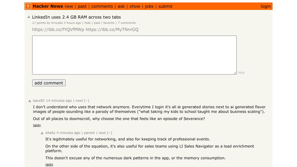 Screenshot of Hacker News post: LinkedIn uses 2.4 GB RAM across two tabs