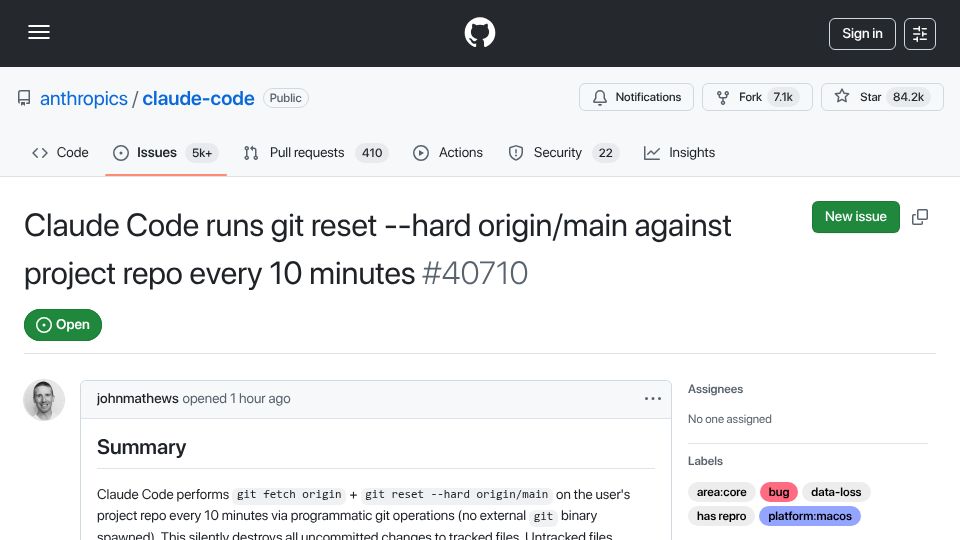 Screenshot of github.com: Claude Code runs Git reset –hard origin/main against project repo every 10 mins