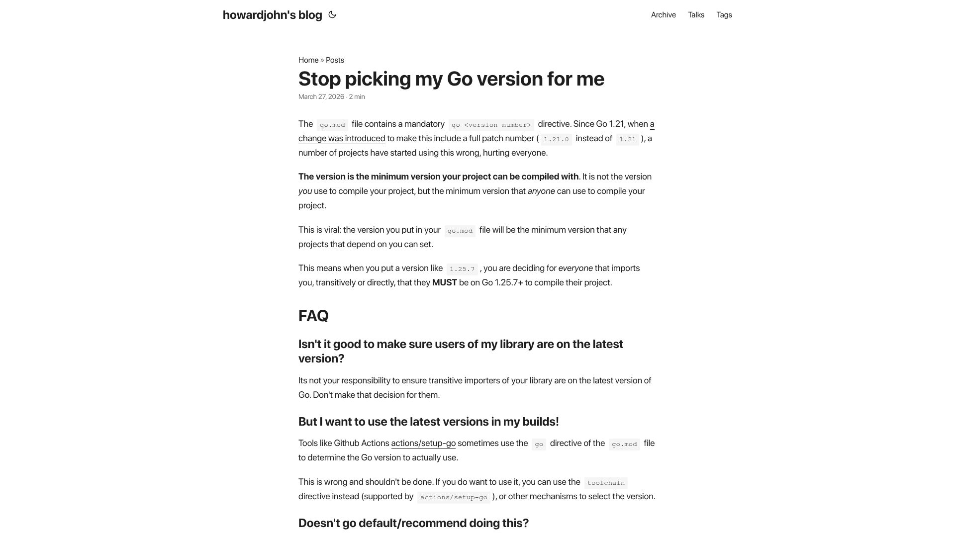 Screenshot of blog.howardjohn.info: Stop picking my Go version for me