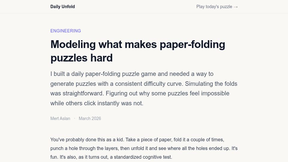 Screenshot of dailyunfold.com: Modeling what makes paper-folding puzzles hard