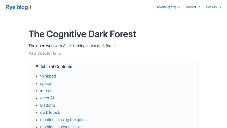 Screenshot of ryelang.org: The Cognitive Dark Forest