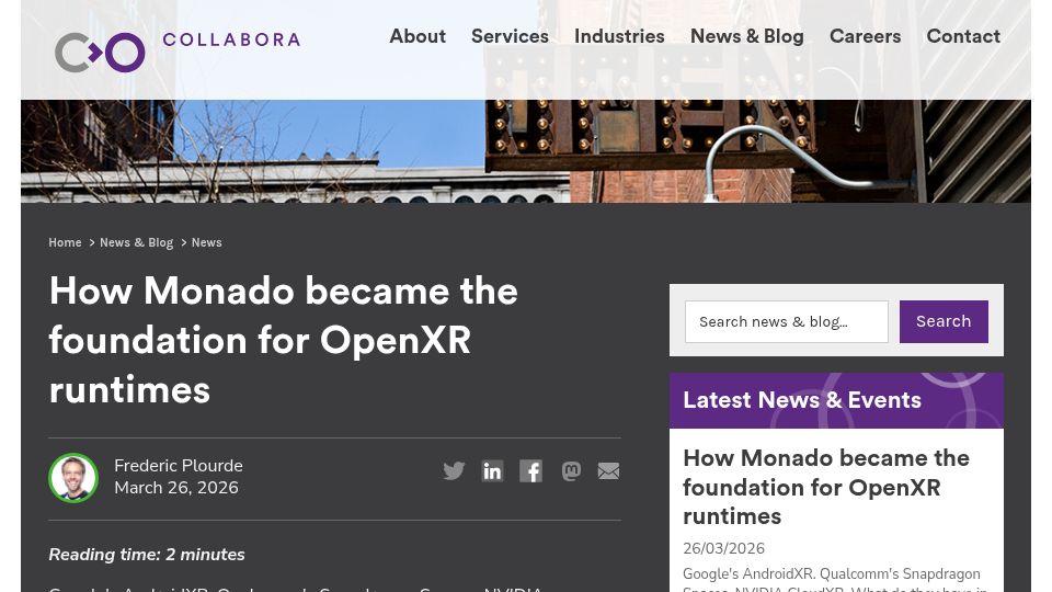 Screenshot of collabora.com: Monado became the foundation for OpenXR runtimes