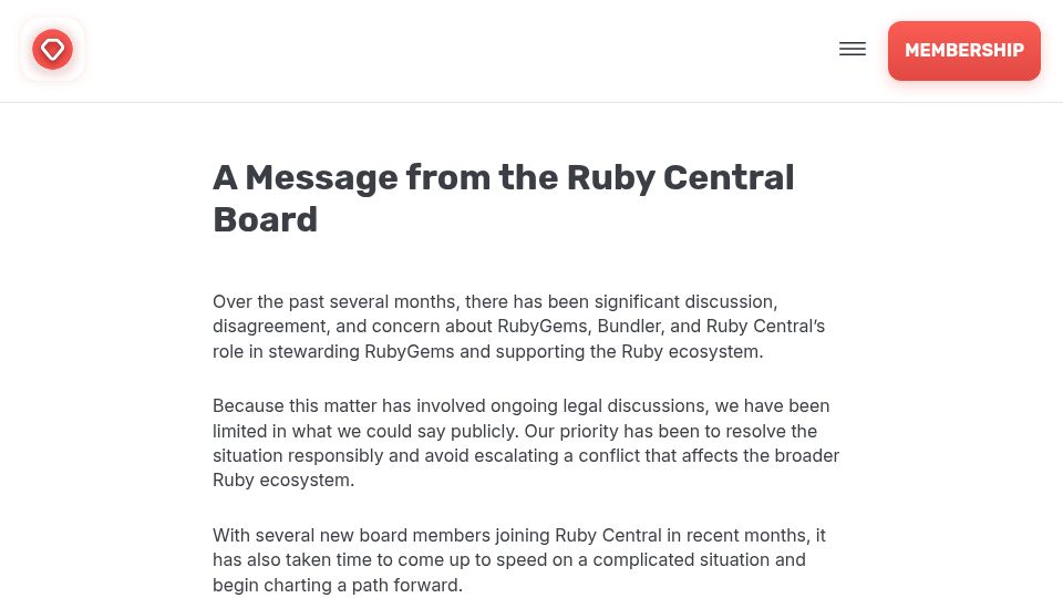 Screenshot of rubycentral.org: A Message from the Ruby Central Board