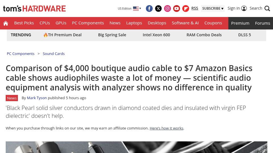 Screenshot of tomshardware.com: Scientific audio equipment analysis with analyzer shows no difference in quality