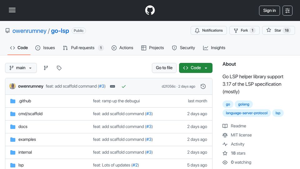 Screenshot of github.com: Show HN: Create a full language server in Go with 3.17 spec support