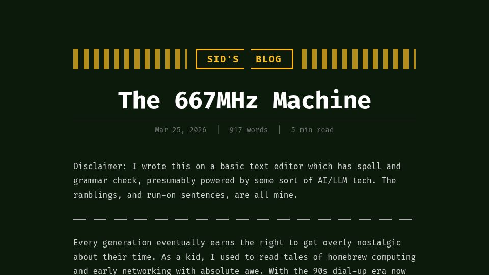 Screenshot of 0xsid.com: The 667MHz Machine