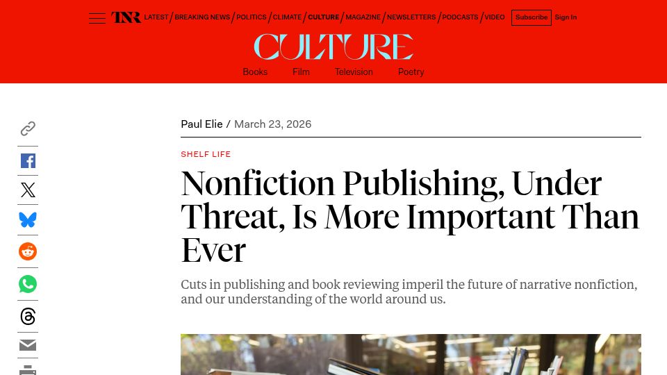 Screenshot of newrepublic.com: Cuts in publishing and book reviewing imperil the future of narrative nonfiction