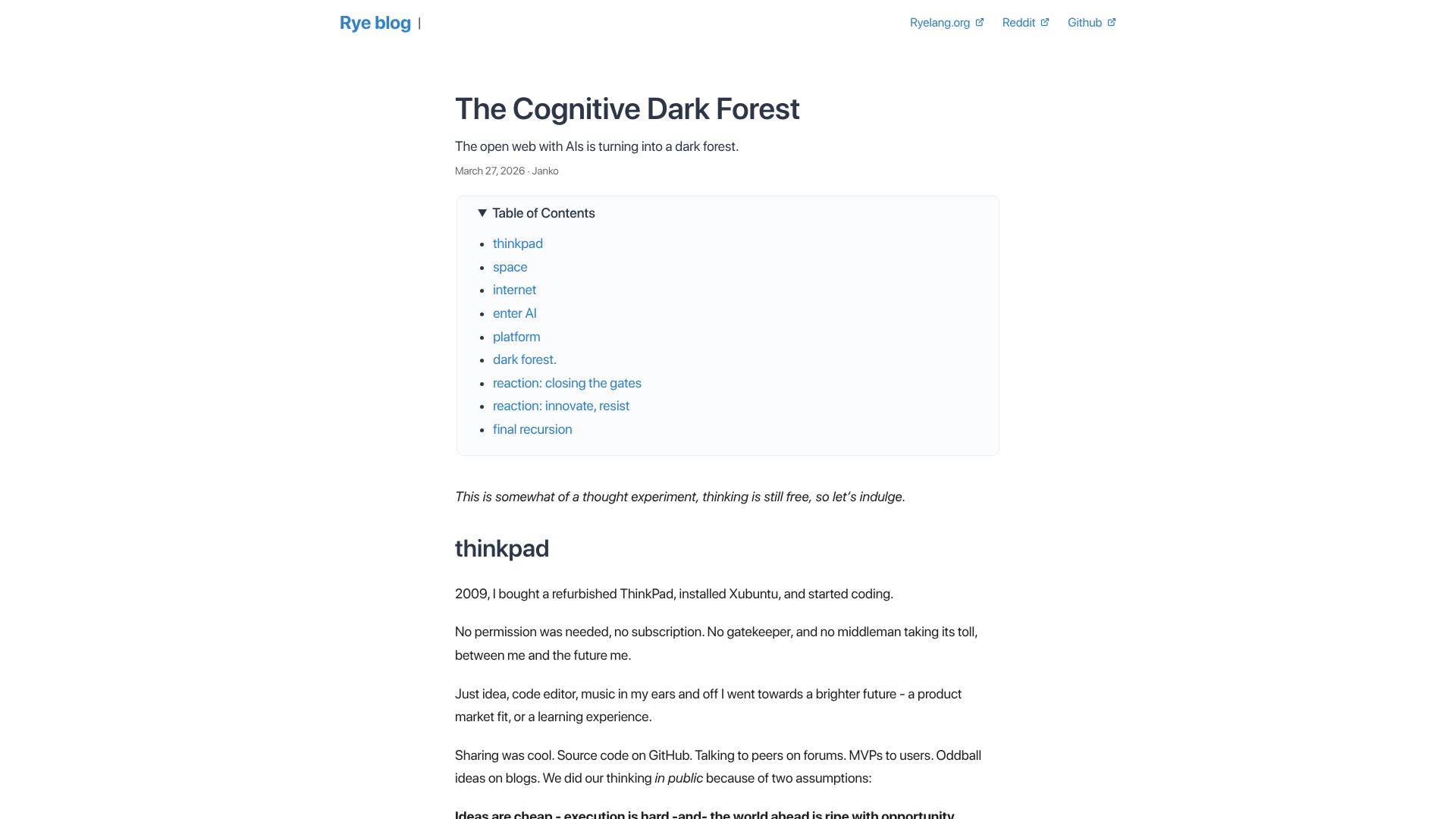 Screenshot of ryelang.org: The Cognitive Dark Forest