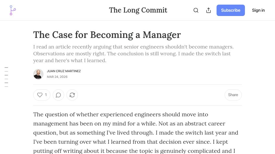 Screenshot of newsletter.thelongcommit.com: The case for becoming a manager