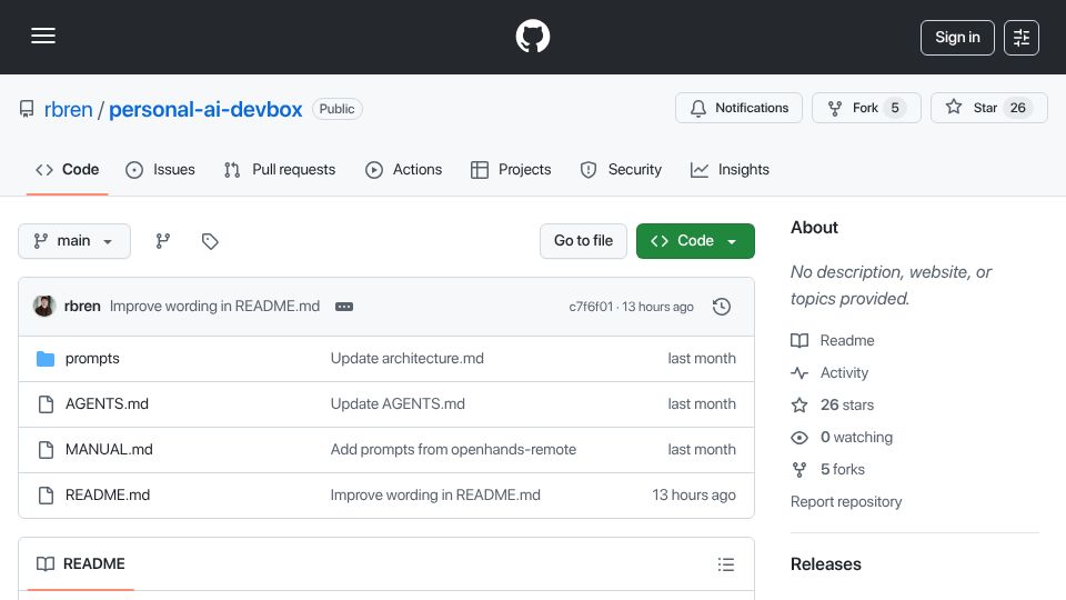Screenshot of github.com: Personal AI Development Environment