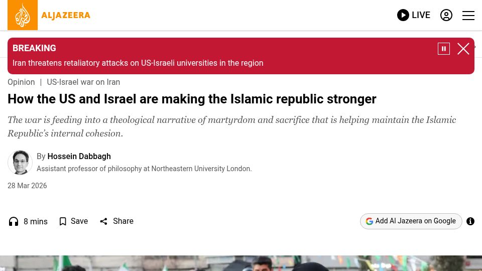 Screenshot of aljazeera.com: The US and Israel are making the Islamic republic stronger