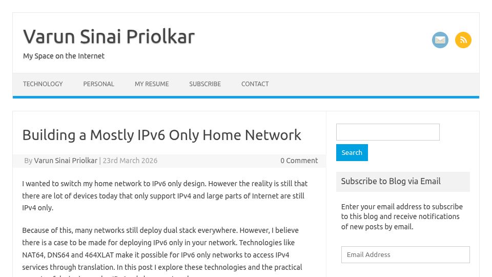 Screenshot of varunpriolkar.com: Building a Mostly IPv6 Only Home Network