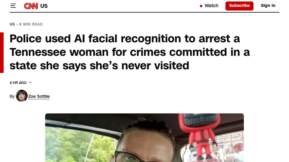 Screenshot of cnn.com: Police used AI facial recognition to wrongly arrest TN woman for crimes in ND