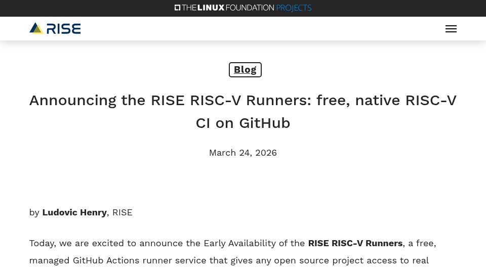 Screenshot of riseproject.dev: The RISE RISC-V Runners: free, native RISC-V CI on GitHub
