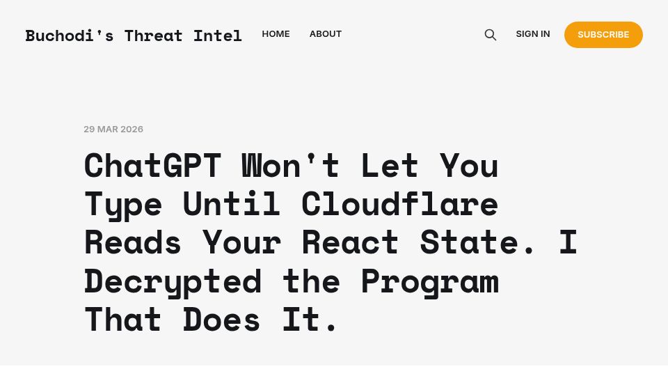Screenshot of buchodi.com: ChatGPT won't let you type until Cloudflare reads your React state