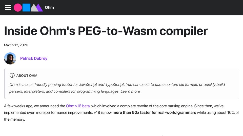 Screenshot of ohmjs.org: Ohm's Peg-to-WASM Compiler
