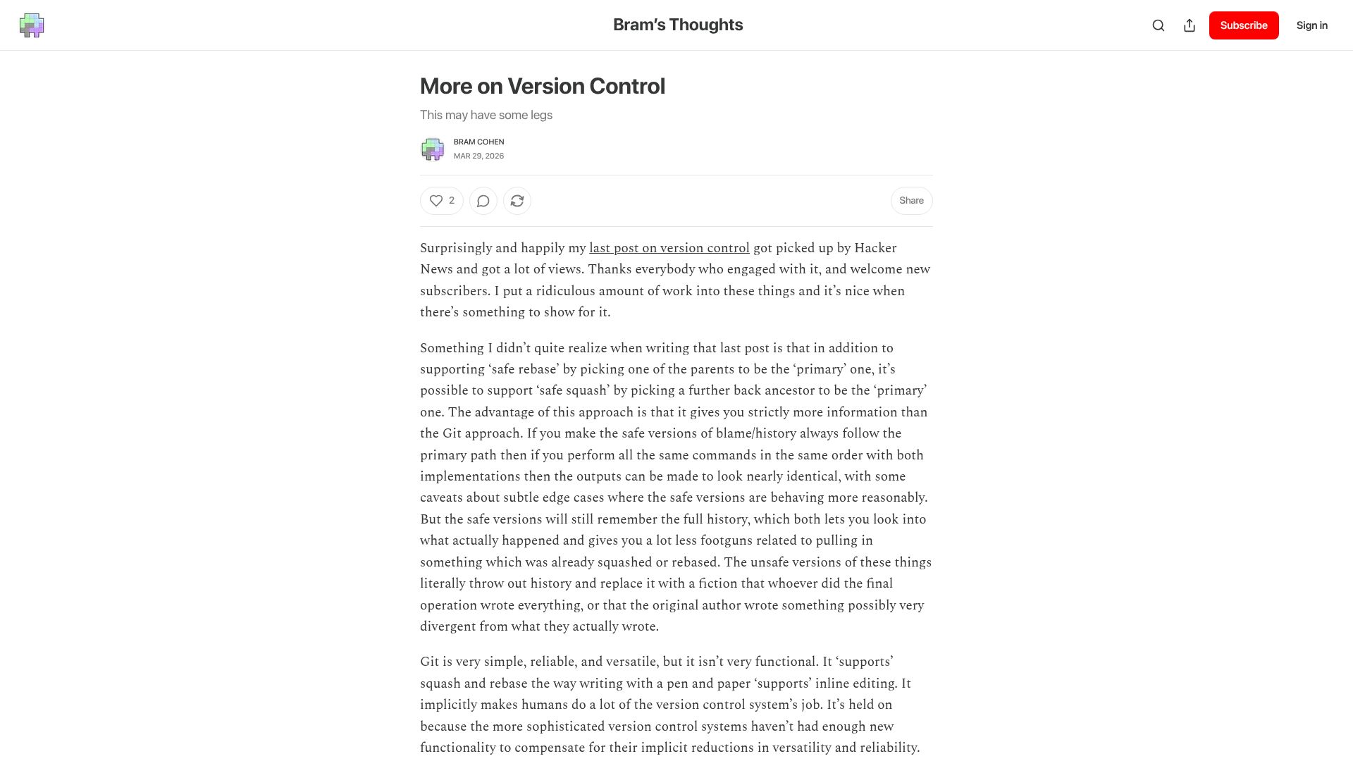 Screenshot of bramcohen.com: More on Version Control