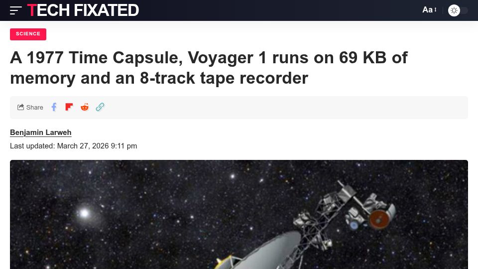 Screenshot of techfixated.com: Voyager 1 runs on 69 KB of memory and an 8-track tape recorder