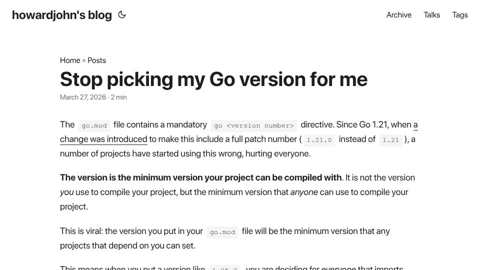Screenshot of blog.howardjohn.info: Stop picking my Go version for me