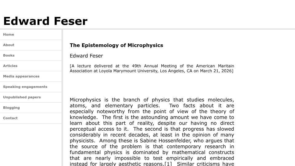 Screenshot of edwardfeser.com: The Epistemology of Microphysics