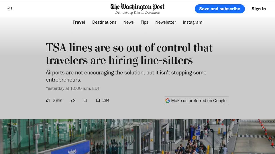Screenshot of washingtonpost.com: TSA lines are so out of control that travelers are hiring line-sitters