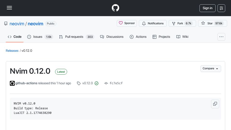 Screenshot of github.com: Neovim 0.12.0