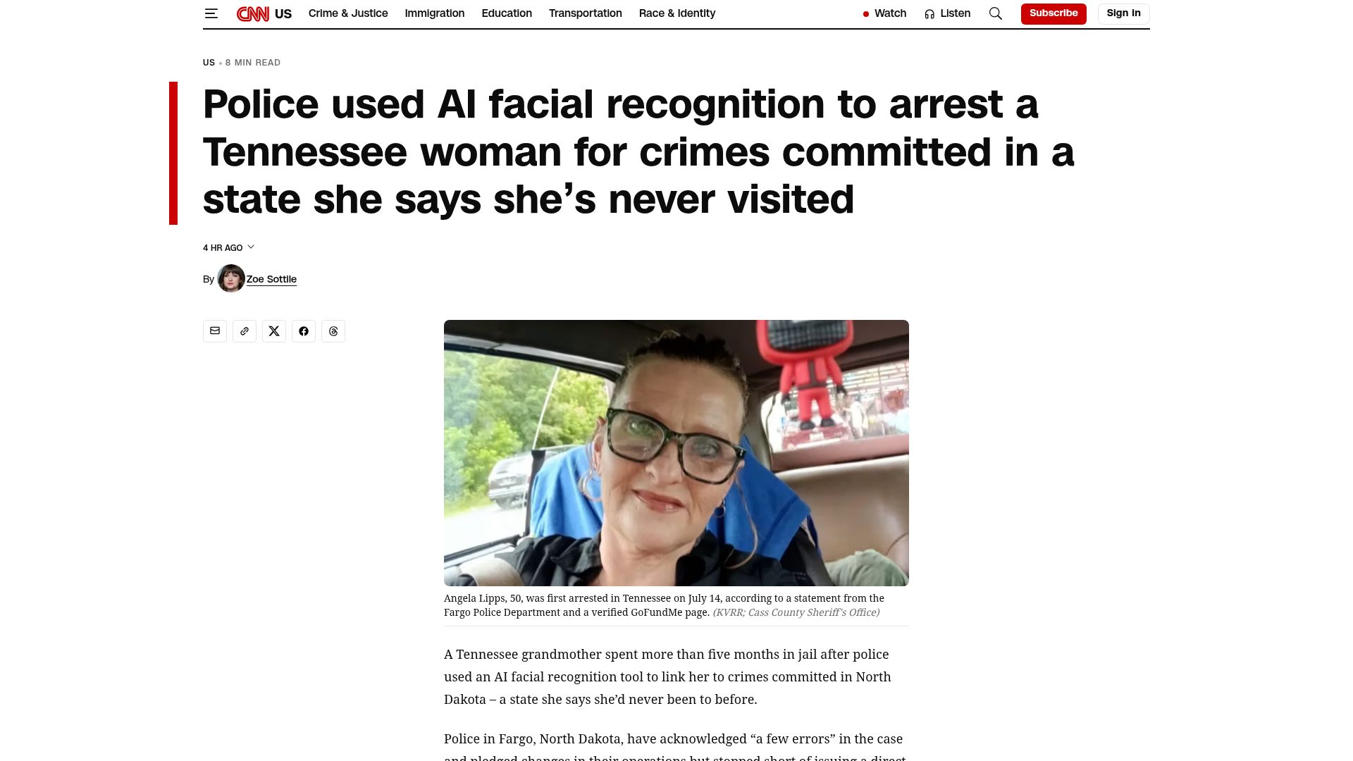 Screenshot of cnn.com: Police used AI facial recognition to wrongly arrest TN woman for crimes in ND