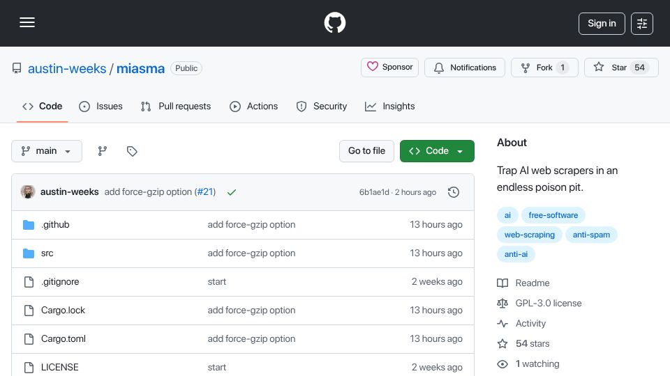 Screenshot of github.com: Miasma: A tool to trap AI web scrapers in an endless poison pit