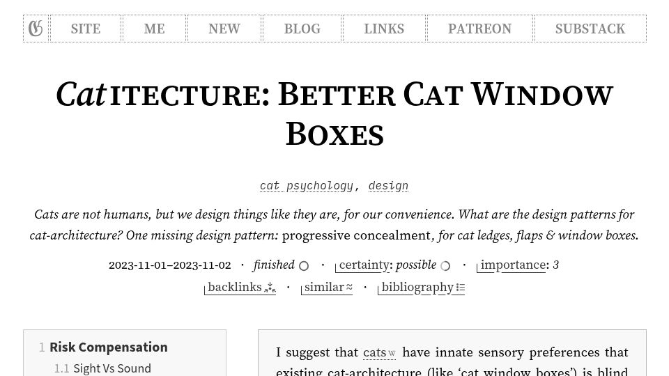 Screenshot of gwern.net: Cat Itecture: Better Cat Window Boxes (2023)