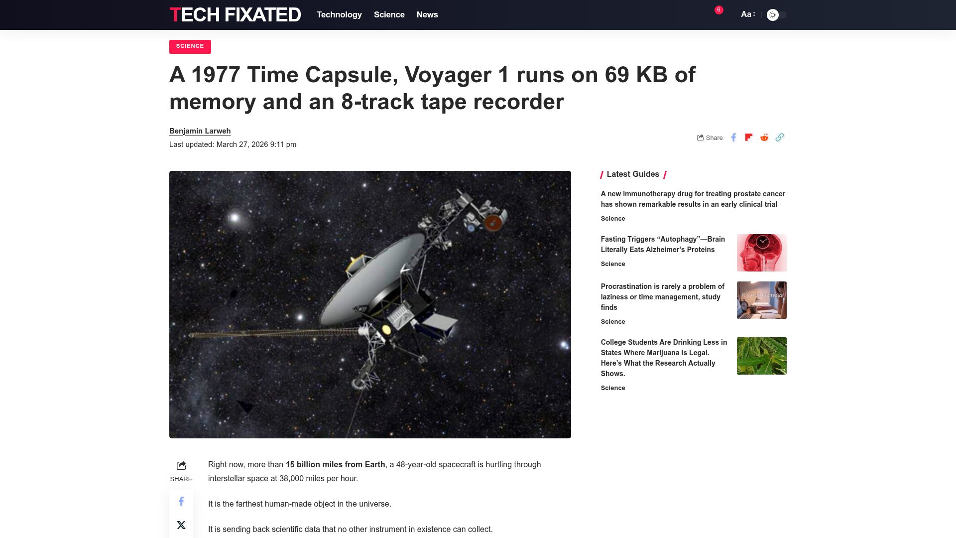 Screenshot of techfixated.com: Voyager 1 runs on 69 KB of memory and an 8-track tape recorder