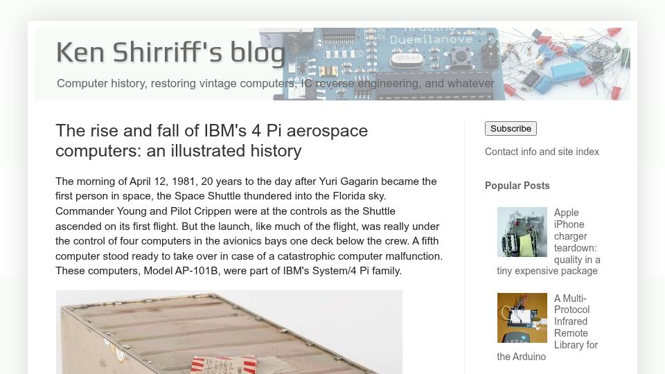 Screenshot of righto.com: The rise and fall of IBM's 4 Pi aerospace computers: an illustrated history