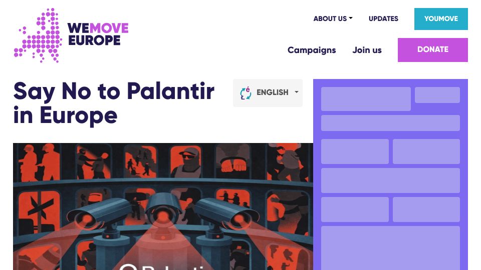 Screenshot of action.wemove.eu: Say No to Palantir in Europe