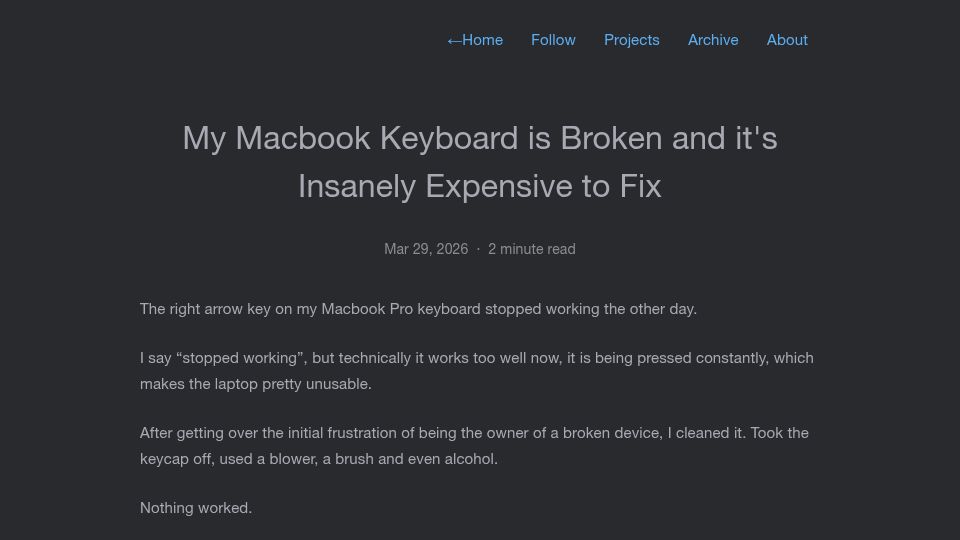 Screenshot of tobiasberg.net: My MacBook keyboard is broken and it's insanely expensive to fix