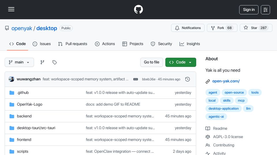 Screenshot of github.com: OpenYak – An open-source Cowork that runs any model and owns your filesystem