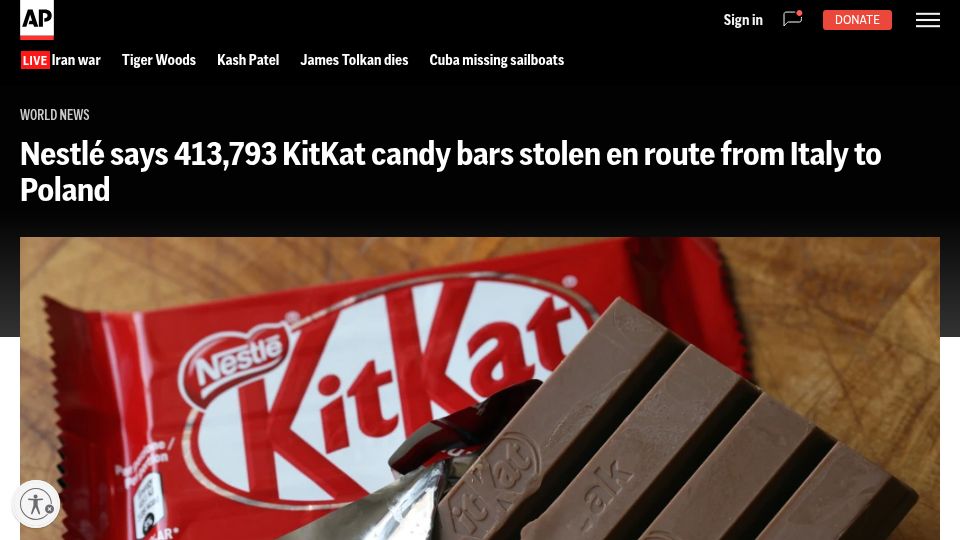 Screenshot of apnews.com: Shipment of KitKat bars stolen en route from Italy to Poland