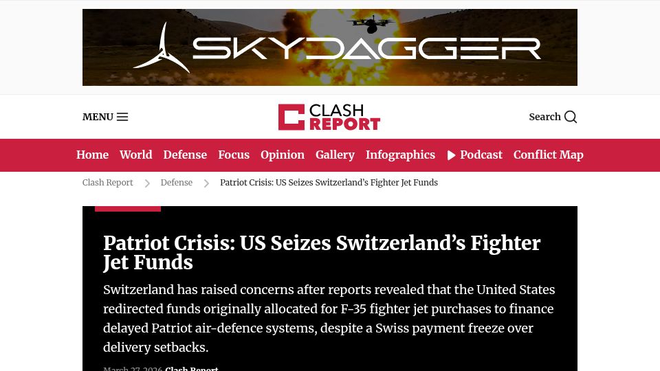 Screenshot of clashreport.com: Patriot Crisis: US Embezzles Switzerland's Fighter Jet Funds