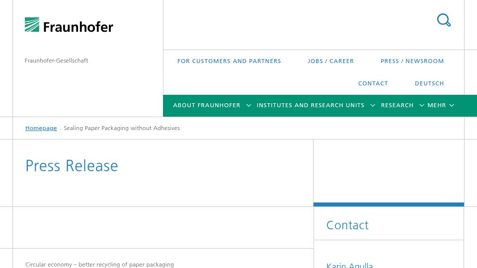 Screenshot of fraunhofer.de: A laser-based process that enables adhesive-free paper packaging