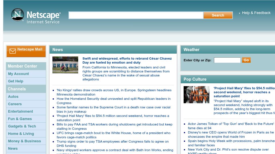 Screenshot of isp.netscape.com: Netscape News Feed Straight Out of the Late 00s
