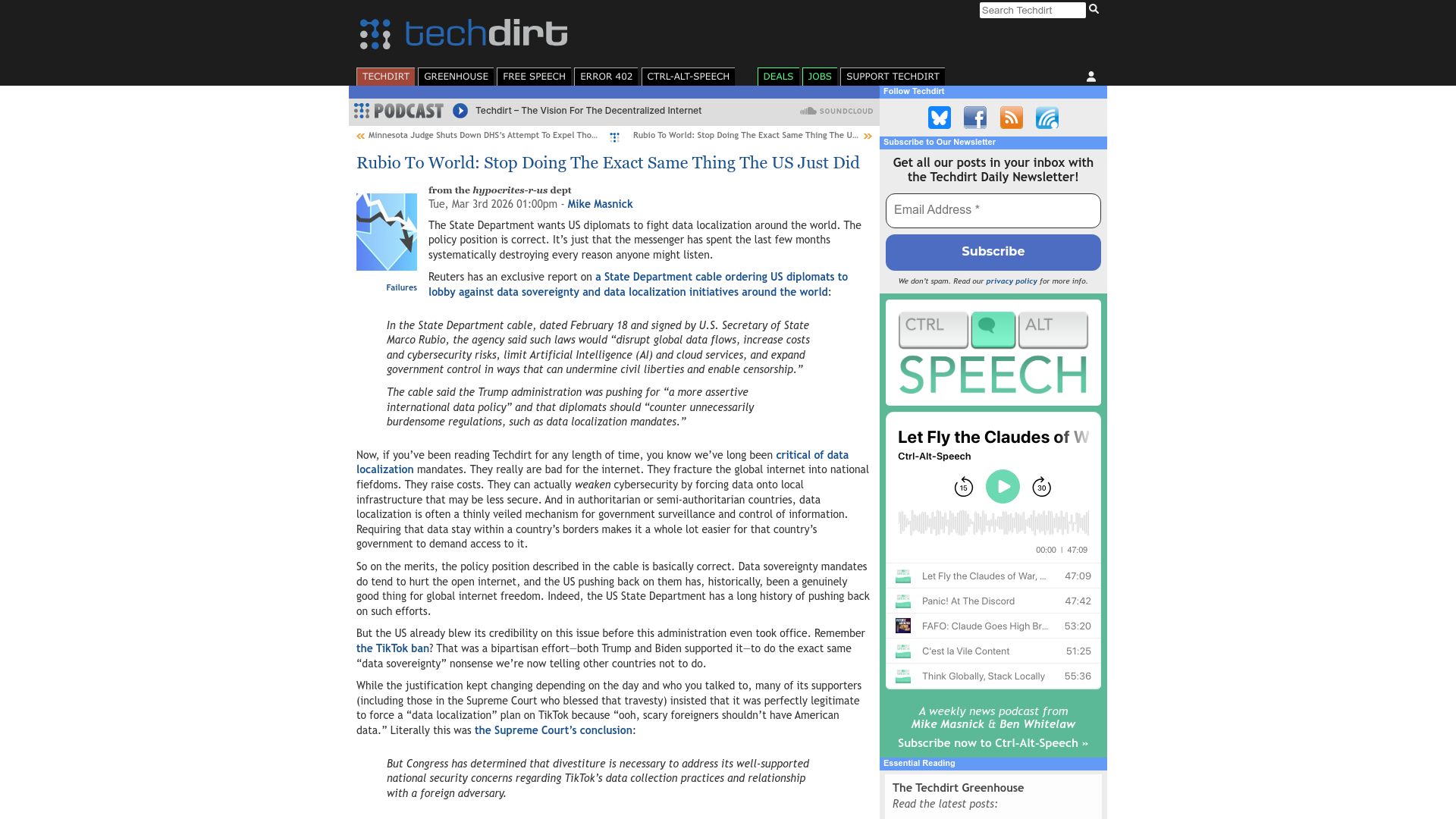 Screenshot of techdirt.com: Rubio to World: Stop Doing the Exact Same Thing the US Just Did