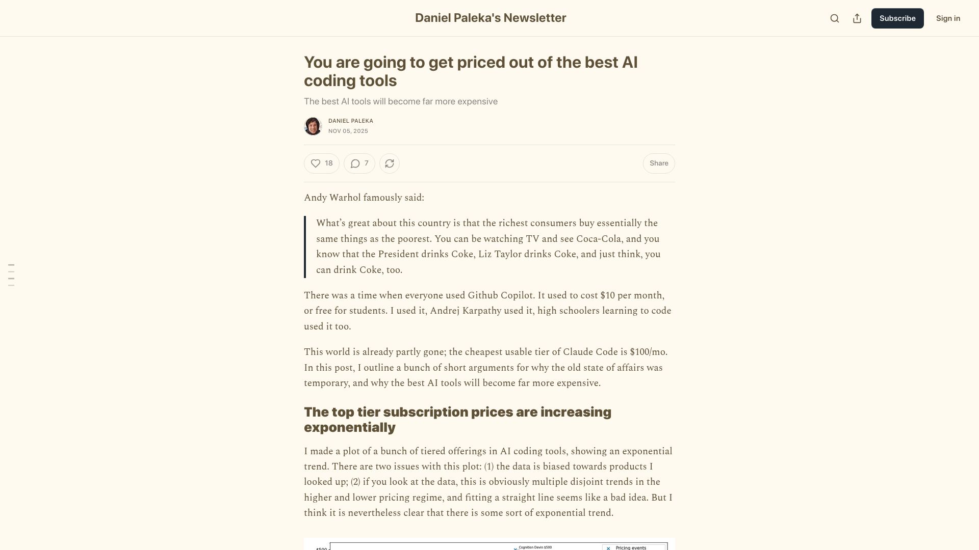 Screenshot of newsletter.danielpaleka.com: You are going to get priced out of the best AI coding tools