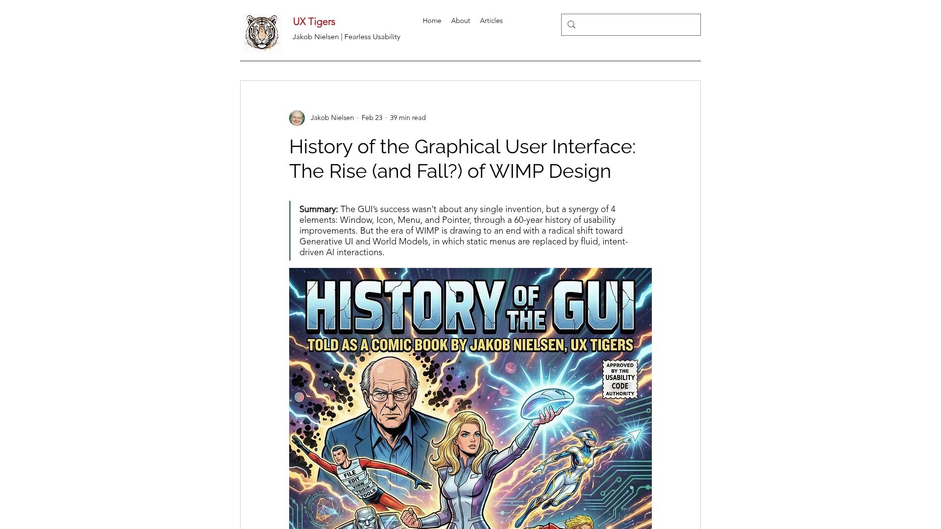 Screenshot of uxtigers.com: History of the Graphical User Interface: The Rise (and Fall?) Of WIMP Design