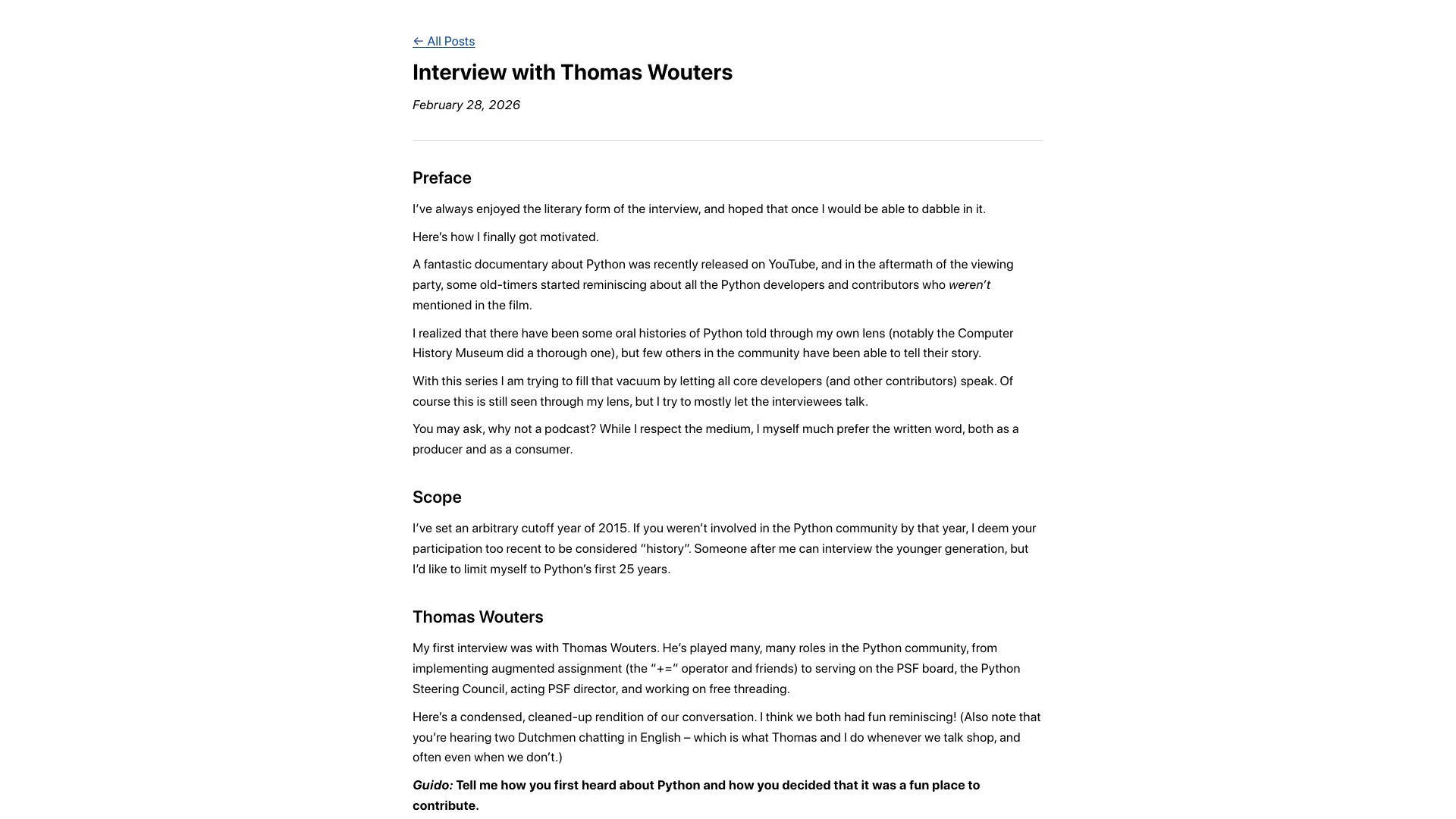 Screenshot of gvanrossum.github.io: Guido van Rossum Interviews Thomas Wouters (Python Core Dev)